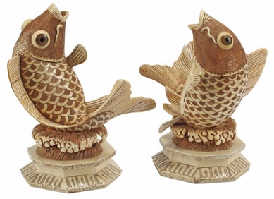 (2) ASIAN CARVED & TILED BONE LEAPING KOI FISH