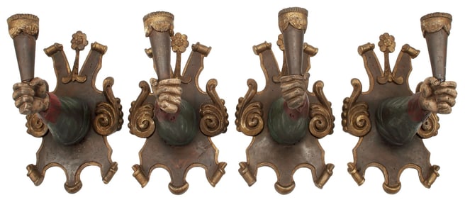 (4) CARVED & POLYCHROMED WOOD ARM-FORM CANDLE SCONCES