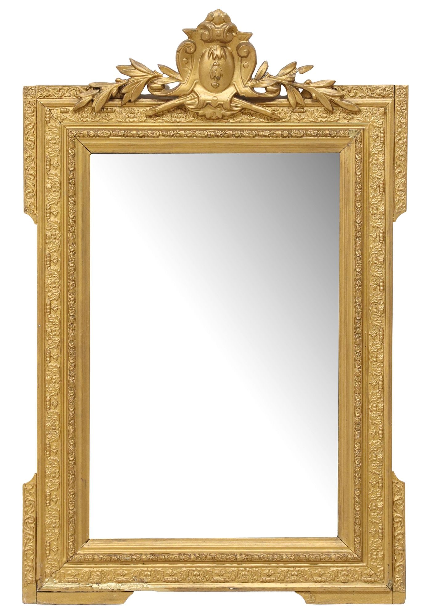 FRENCH LOUIS XVI STYLE GILT PAINTED WALL MIRROR: French Louis XV style gilt painted wall mirror, early 20th c., having gesso crest modeled as a shield flanked by foliates, over molded rectangular frame, encasing flat mirror plate, approx 36&quo