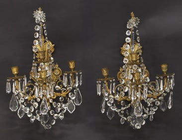 (2) FRENCH ORMOLU & CRYSTAL 4-LIGHT CANDLE WALL SCONCES