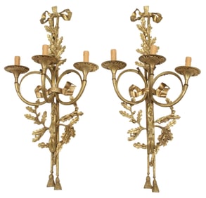 (2) EMPIRE STYLE BRONZE THREE-LIGHT SCONCES