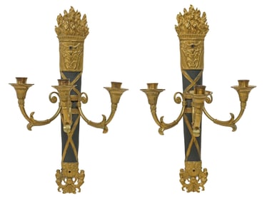 (2) EMPIRE STYLE GILT METAL & BLACK PAINTED 3-LIGHT WALL SCONCES