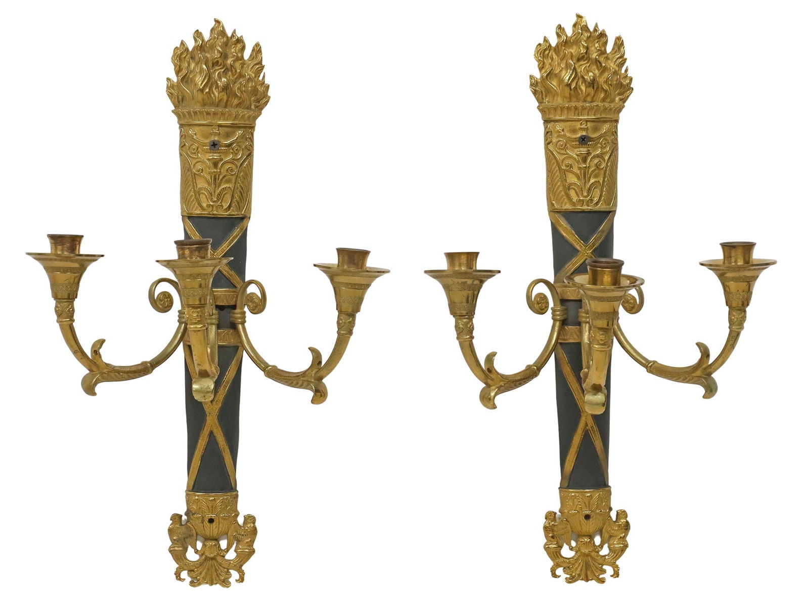 (2) EMPIRE STYLE GILT METAL & BLACK PAINTED 3-LIGHT WALL SCONCES (1 of 4)