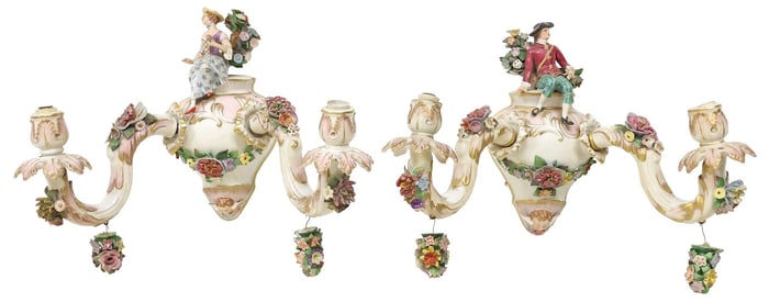 (2) ITALIAN CAMPODIMONTE STYLE PORCELAIN FIGURAL 2LT WALL SCONCES