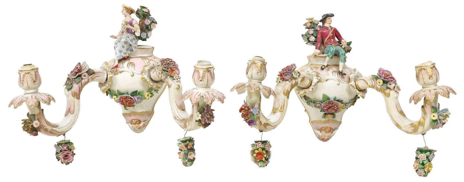 (2) ITALIAN CAMPODIMONTE STYLE PORCELAIN FIGURAL 2LT WALL SCONCES: (pair) Italian Capodimonte style porcelain sconces, early 20th c., having figural man and woman to top, over body issuing two scrolled arms with hanging floral pendants, applied floral motifs and