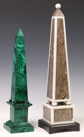 (2) POLISHED STONE OBELISKS, SPECIMEN MARBLE & MALACHITE-CLAD