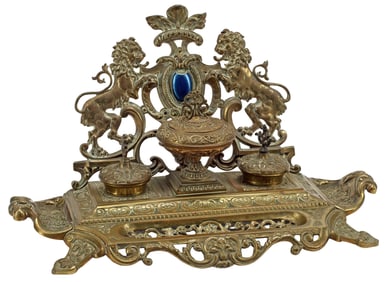 BRONZE DOUBLE-INKWELL DESK STAND WITH LIONS RAMPANT