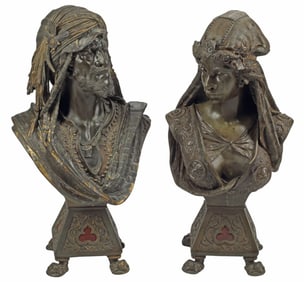 (2) ORIENTALIST PARCEL-GILT & PATINATED METAL BUSTS