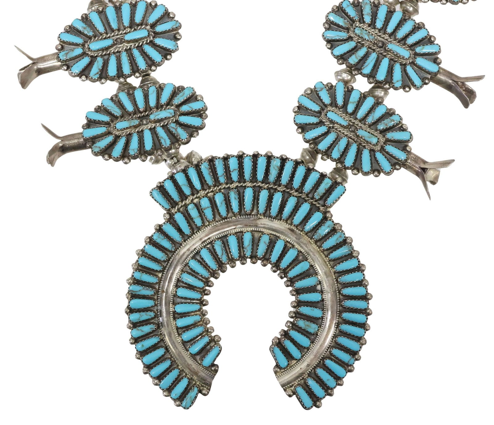 STERLING SILVER & TURQUOISE NEEDLEPOINT SQUASH BLOSSOM NECKLACE