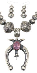 (2) VICTOR CAYATINETO NAVAJO NAJA PENDANT NECKLACE & EARRINGS: (lot of 2) Native American jewelry set, including: (1) sterling silver naja pendant, stamped VC (Victor Cayatineto, Navajo/ Dine, 20th c.), with bezel-set purple spiny oyster cabochon in twisted