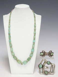 (3) SOUTHWEST SILVER & TURQUOISE BEADED NECKLACE, BUCKLE & WATCH CUFF: (lot of 3) Southwest silver (content unknown) and turquoise jewelry group, all apparently unmarked, including: (1) beaded necklace, having graduated rectangular and disc-form turquoise beads, with
