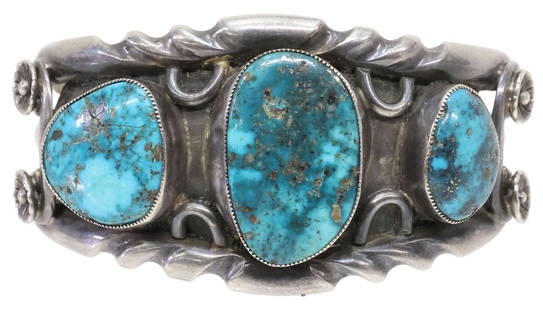 NATIVE AMERICAN SILVER & TURQUOISE CUFF: Native American silver (content unknown) cuff bracelet, three large turquoise plaques set in serrated bezels, on a split-shank cuff, apparently unmarked, approx 1 5/8"w, interior: approx
