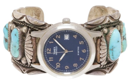 ORVILLE TSINNIE (D.2017) NAVAJO NEW MEXICO SILVER & TURQUOISE WATCH CUFF