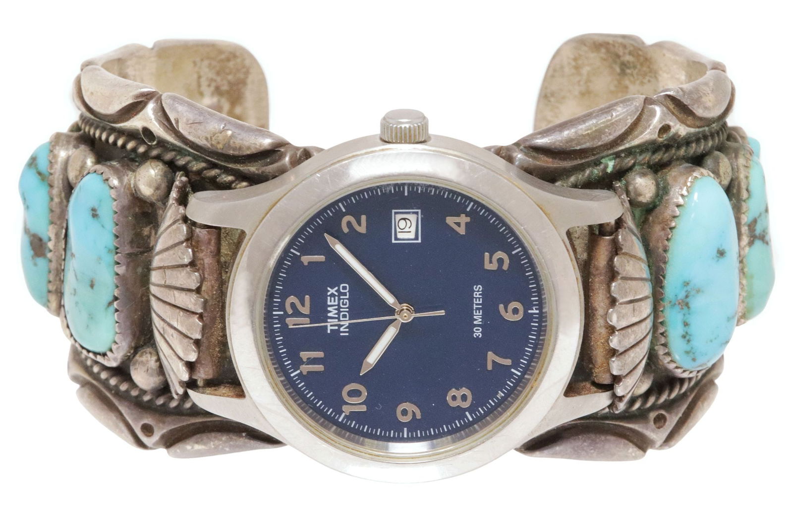 ORVILLE TSINNIE (D.2017) NAVAJO NEW MEXICO SILVER & TURQUOISE WATCH CUFF (1 of 5)