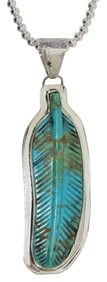 SOUTHWEST STERLING CARVED TURQUOISE FEATHER PENDANT NECKLACE