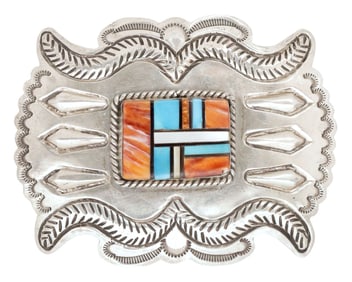 SOUTHWEST STERLING SILVER & MULTI-STONE INLAID BELT BUCKLE