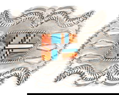 SOUTHWEST STERLING SILVER & MULTI-STONE INLAID BELT BUCKLE: Southwest sterling silver and multi-stone inlaid belt buckle, having central channel-set turquoise, spiny oyster and mother-of-pearl in rectangular twisted rope surround, among repousse points and