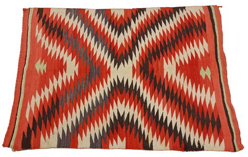 NATIVE AMERICAN NAVAJO 'EYEDAZZLER' WOOL RUG, 74"x 54": American Indian Transitional period "Eyedazzler" handspun wool rug/ blanket, Navajo, late 19th c., colors include red, white, gray and black, some damage at corners, approx 74.5"l