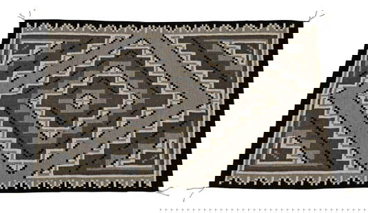 BETTY MORGAN NAVAJO TWO GREY HILLS WOVEN RUG, 5' X 3': Native American Navajo weaving/ rug, Betty Morgan, woven in black, grey and white wools, stepped central diamond pattern, accompanied by photocopy of a picture of Betty Morgan with the rug and a bill
