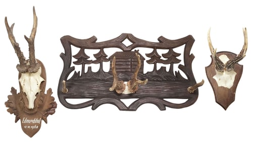 (3) BLACK FOREST TAXIDERMY ANTLER RACK & MOUNTS, 1 DATED 1968