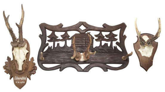 (3) BLACK FOREST TAXIDERMY ANTLER RACK & MOUNTS, 1 DATED 1968: (lot of 3) Black Forest and other mounted taxidermy antler racks, including: (1) with carved log cabin and trees scene, four antlers/hooks, (1) marked Edmundshof, dated December 6,