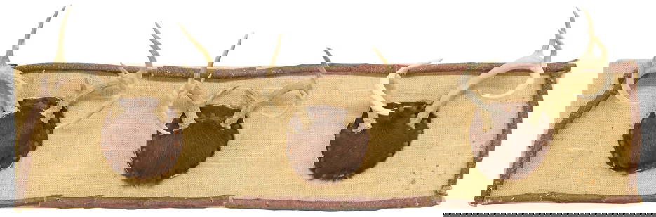 LARGE RUSTIC TAXIDERMY DEER ANTLER TROPHY MOUNT DISPLAY/RACK, 48.5"L: Taxidermy deer antler trophy mount display/rack, consisting of three deer heads on burlap backing with branch accents, spotting to backing, some overall wear, approx 10 3/8"h,