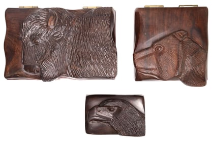 (3) HEAVY WILDLIFE CARVED HARDWOOD TABLE BOXES, BUFFALO, BEAR, EAGLE