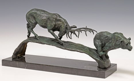PATINATED BRONZE WILDLIFE SCULPTURE CARIBOU CHARGING A BEAR