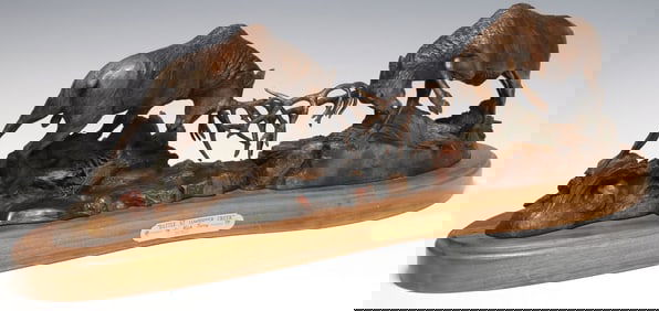 AFTER RICK TERRY (20TH C.) CAST RESIN WILDLIFE SCULPTURE 'BATTLE OF TIMBER CREEK'