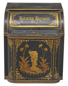 LARGE CHINOISERIE PARCEL-GILT PAINTED TOLE TEA CANISTER, 22.5"H