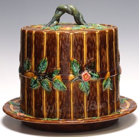 LARGE AFTER GEORGE JONES 'FENCE & VINE' MAJOLICA CHEESE KEEPER WITH DOME