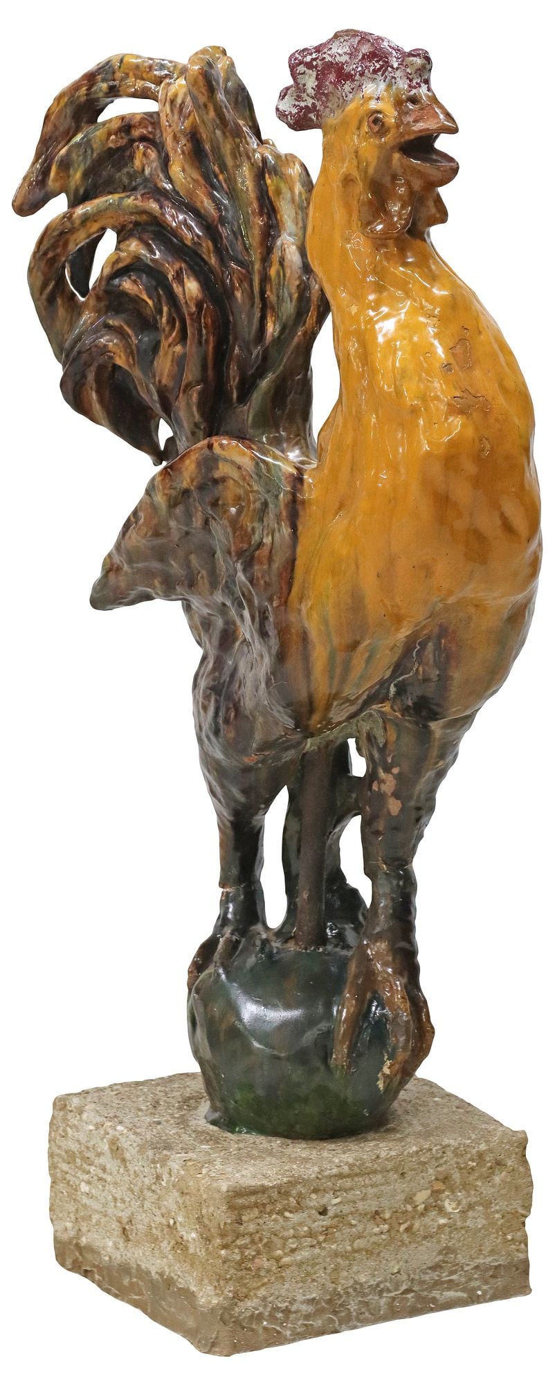 LARGE FRENCH BARBOTINE MAJOLICA ROOSTER SCULPTURE, 36.5"H (1 of 4)