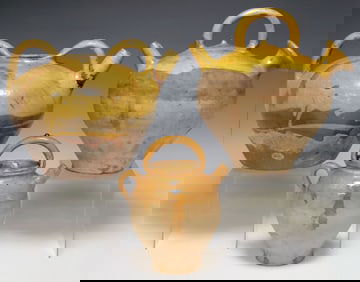 (3) FRENCH PROVINCIAL OCHRE-GLAZED EARTHENWARE CRUCHES / JUGS