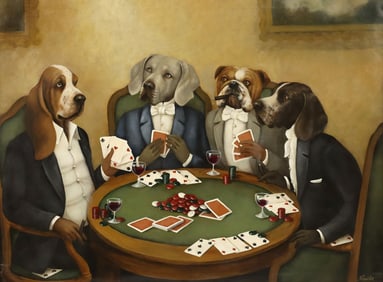 MITSOU NEUVILLE (FRENCH, 20TH C.) PAINTING, DOGS PLAYING POKER 38" X 51"