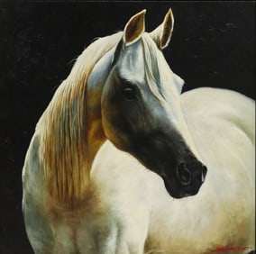 LARGE EQUESTRIAN OIL PAINTING SIGNED IRENE, HORSE HEAD, 36" X 36"