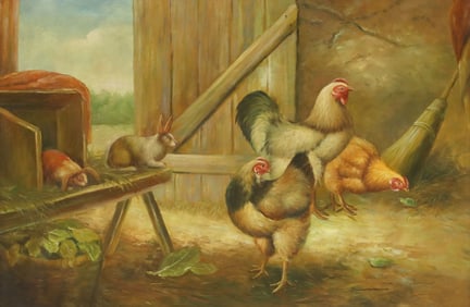 FRAMED OIL PAINTING, BARN SCENE WITH CHICKENS & RABBITS, 24" X 36"