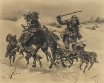 AFTER ALFRED WIERUSZ-KOWALSKI DRAWING WOLVES IN PURSUIT