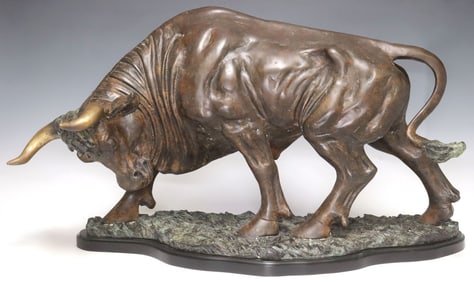 LARGE PATINATED & PARCEL-GILT METAL SCULPTURE 'THE BULL'
