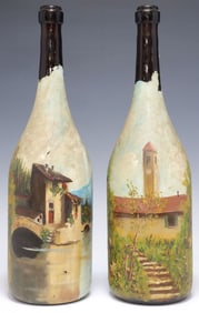 (2) LARGE ITALIAN JEROBOAM WINE BOTTLES WITH PAINTED LANDSCAPE SCENES, 19.5"H