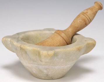 ITALIAN CARRARA MARBLE MORTAR & TURNED WOOD PESTLE
