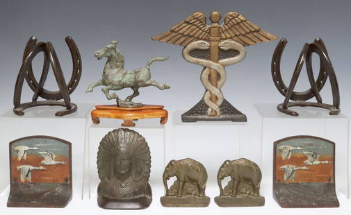 (9) COLLECTION OF DECORATIVE CAST IRON BOOKENDS & ITEMS: (lot of 9) Collection of decorative cast iron bookends, horse figure and more, various styles and materials, including: (2) forged Diamond Farrier Co. horseshoes; (2) elephants, worn gilt finish, A.C.