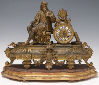 FRENCH FIGURAL SCHOLAR GILT METAL MANTEL CLOCK ON STAND