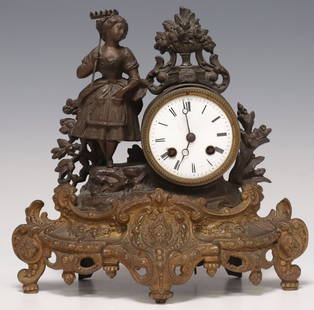 FRENCH JAPY FRERES PATINATED & GILT METAL FIGURAL MANTEL CLOCK: French patinated and gilt metal mantel clock, early 20th c., depicting a Provincial style female figure holding rake, beside white enameled dial with Roman numeral hour markers, time-and-strike moveme
