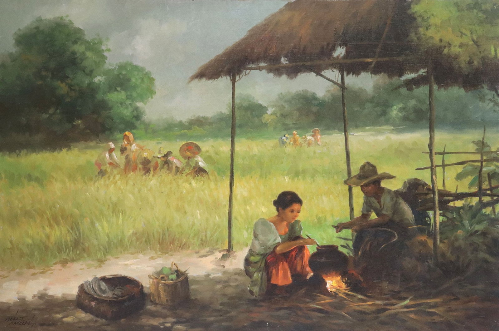 OSCAR T. NAVARRO (PHILIPPINES, 1921-1973) OIL PAINTING, HARVEST SEASON: Unframed oil on canvas board painting, Harvest Season, signed lower left Oscar T. Navarro (Philippines, 1921-1973), dated [19]71, approx 24"h, 35 7/8"w, 2.25lbs 