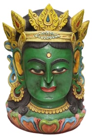 LARGE NEPALESE PAINTED PAPIER MACHE DANCE MASK OF GREEN TARA