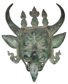 TIBETAN VERDIGRIS PATINATED BRONZE YAMANTAKA WALL HANGING MASK