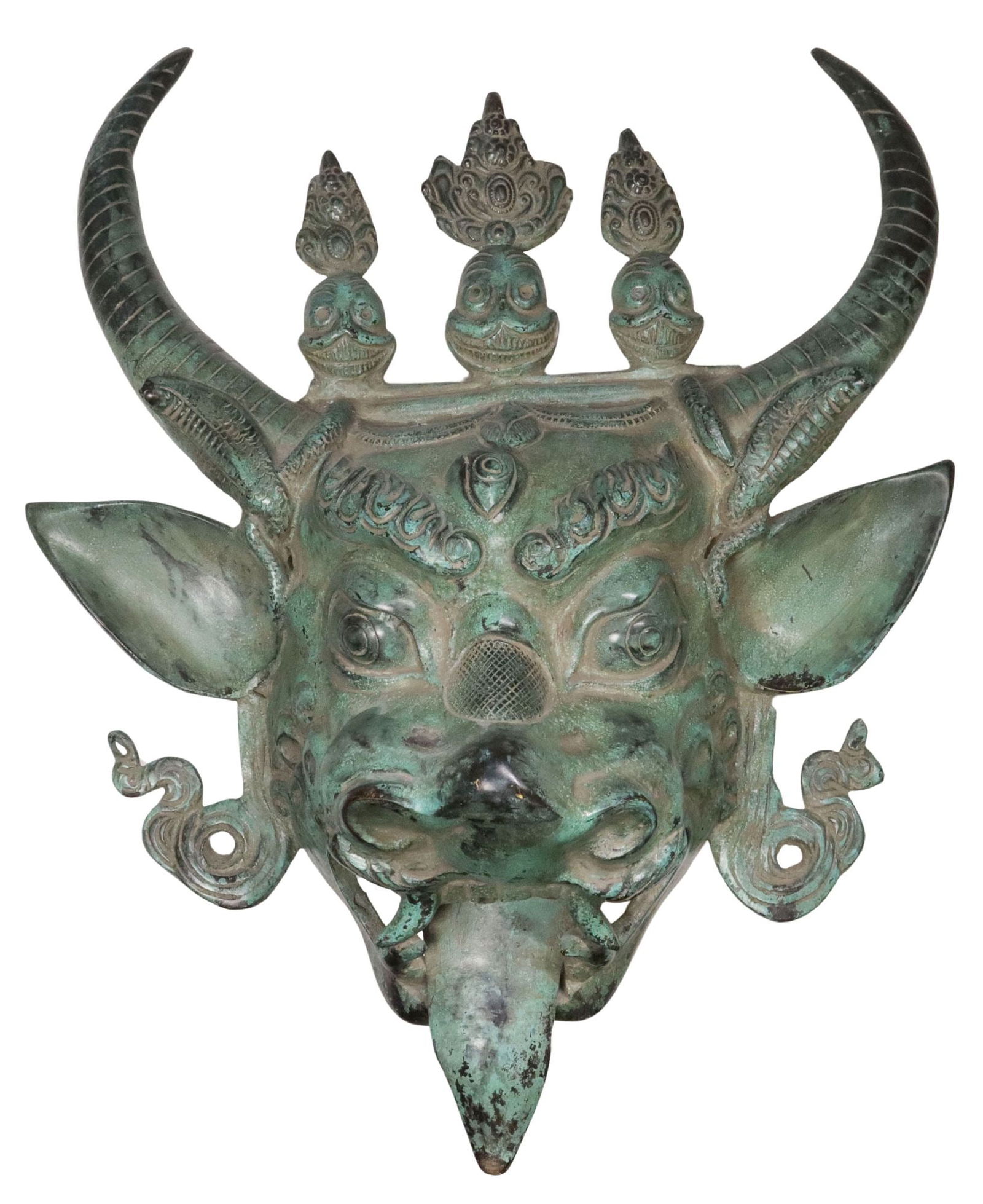 TIBETAN VERDIGRIS PATINATED BRONZE YAMANTAKA WALL HANGING MASK (1 of 2)