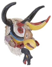 LARGE MEXICO FOLK ART PAINTED & CARVED DIABLO DANCE MASK, 34"H