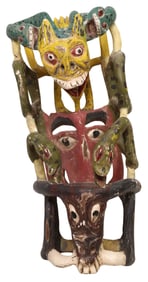 LARGE MEXICO FOLK ART PAINTED & ELABORATELY CARVED DANCE MASK, 22"H