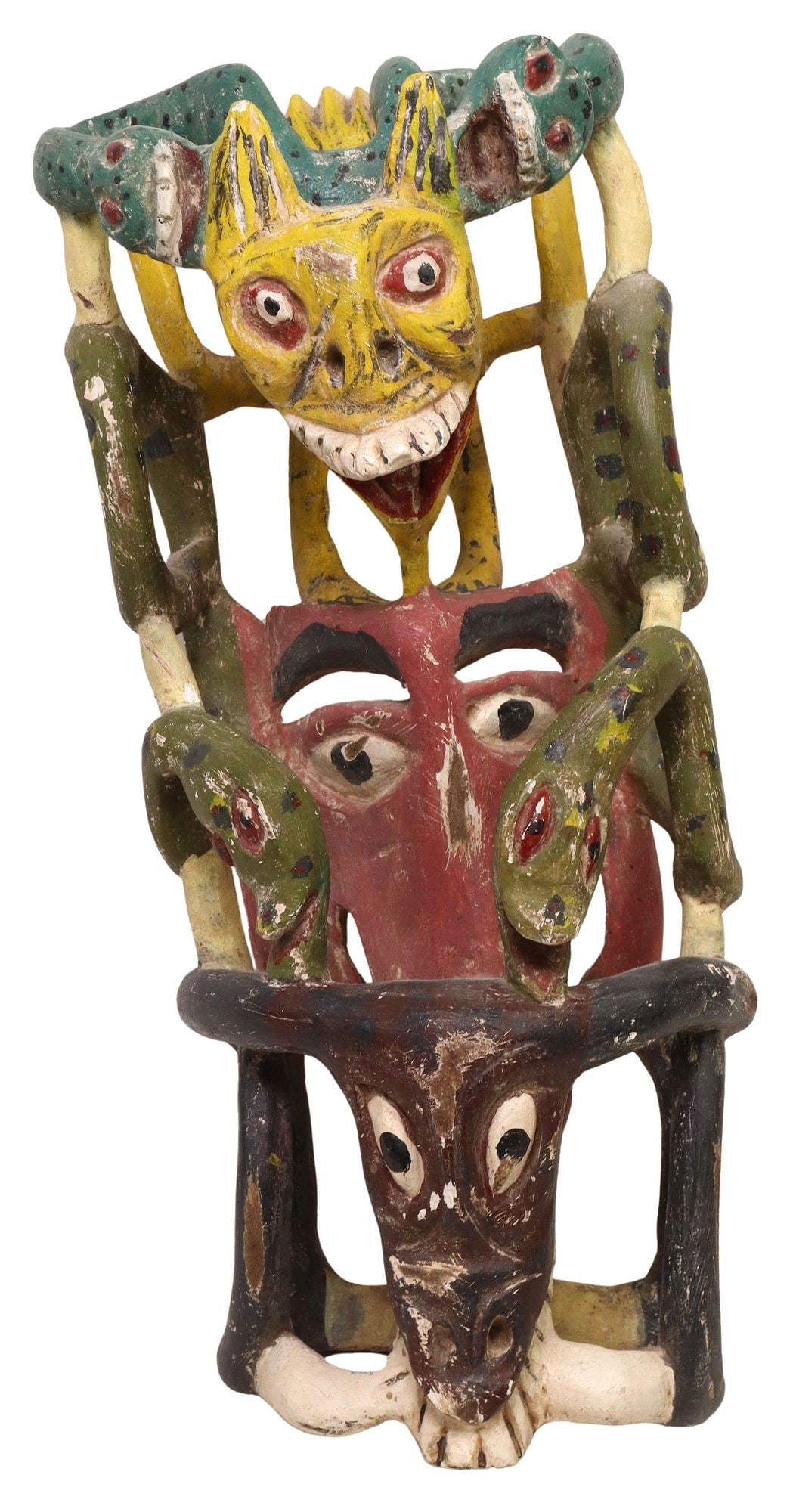 LARGE MEXICO FOLK ART PAINTED & ELABORATELY CARVED DANCE MASK, 22"H (1 of 3)